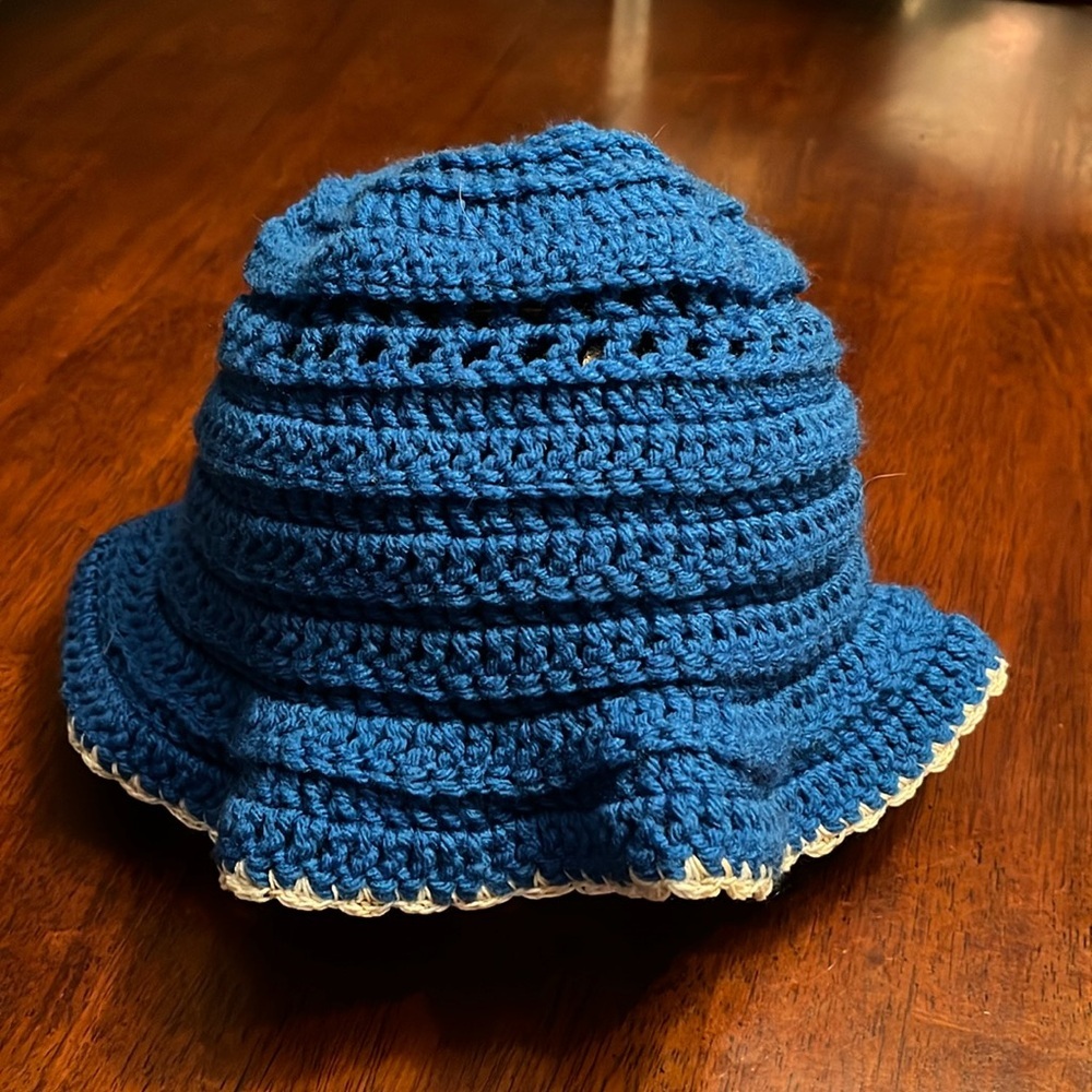 Handmade crochet bucket hat blue with white trim